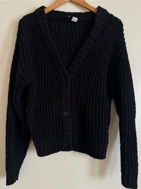 H&M Black Chunky Ribbed V-Neck Button Cardigan XS